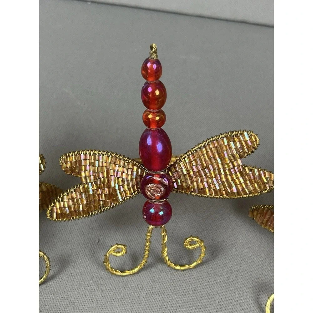 10 Pier One Imports Beaded Dragonfly Napkin Rings Gold Wire Wings & Orange Beads